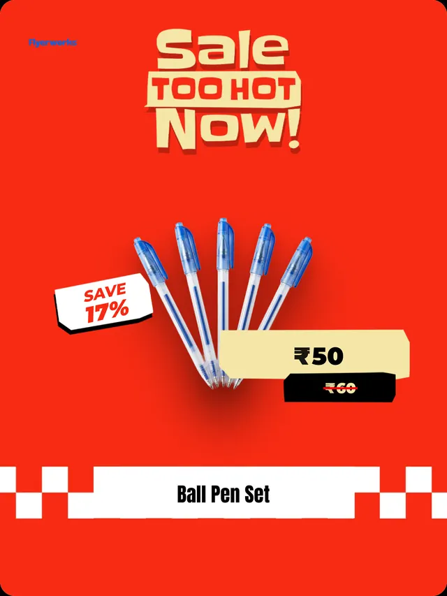"Ball Pen Set" stationery store shelf tag template, designed in Flyerworks