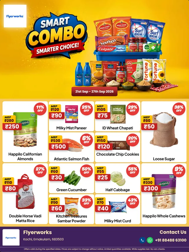 "Mega Onam Dhamaka" supermarket promotional flyer template, designed in Flyerworks