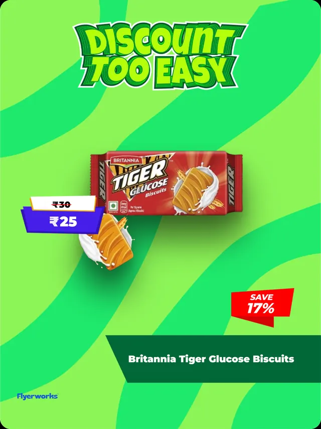 "Britannia Tiger Glucose Biscuits" supermarket shelf tag template, designed in Flyerworks