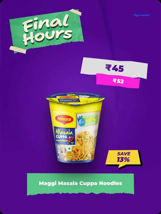 "Maggi Masala Cuppa Noodles" supermarket shelf tag template, designed in Flyerworks