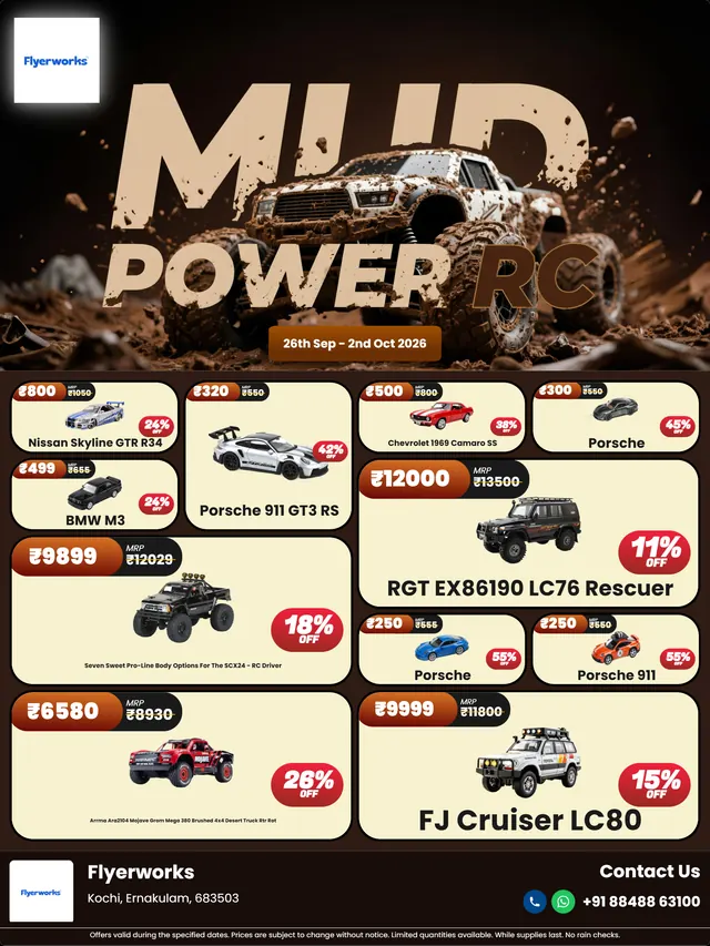 "Power RC Offroad, design 4" toy store promotional flyer template, designed in Flyerworks